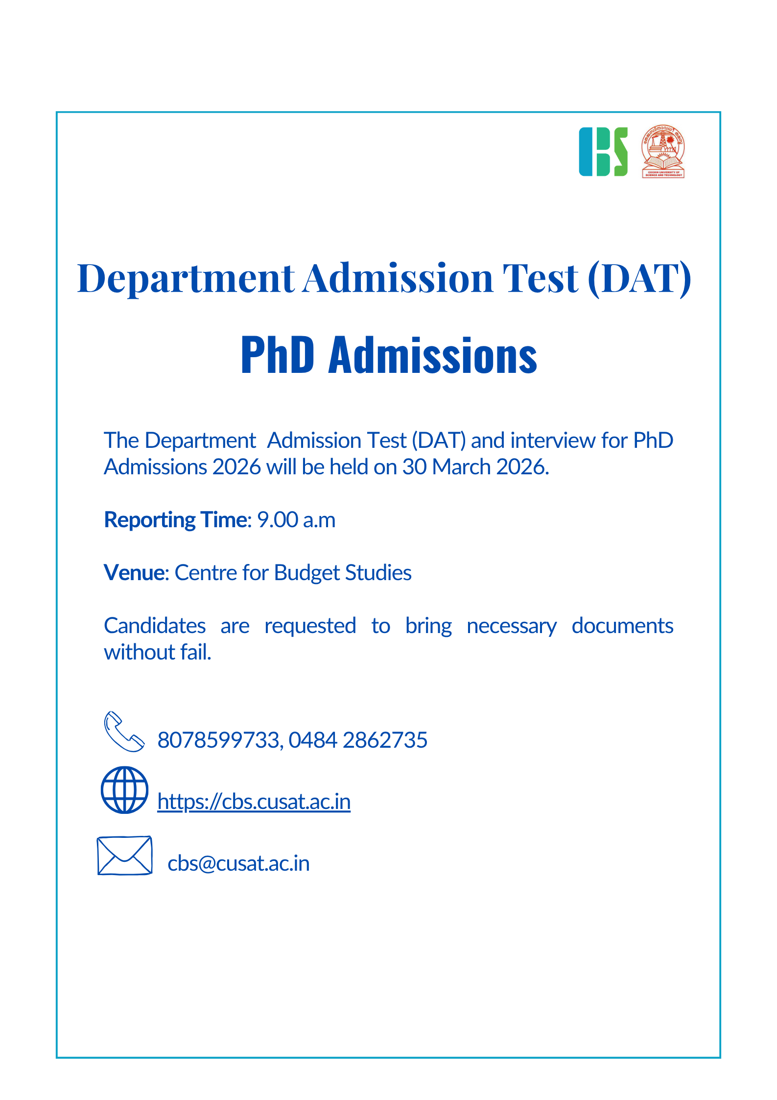 Department Admission Test (DAT) for PhD Admissions