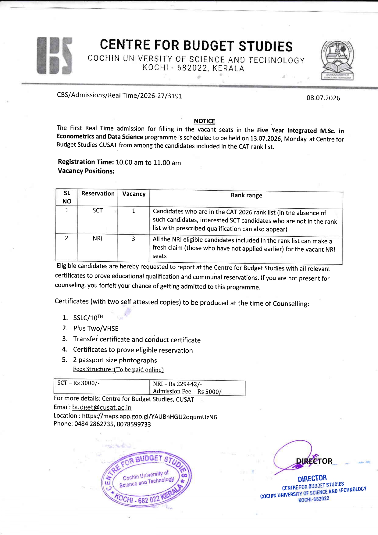 First Real Time Admission for Five Year Integrated MSc in Econometrics and Data Science